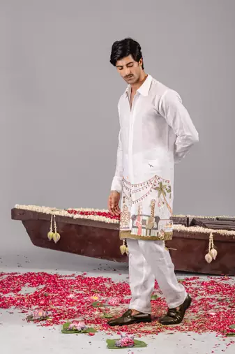 White georgette embroidered linen kurta set for mens