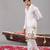 White georgette embroidered linen kurta set for mens