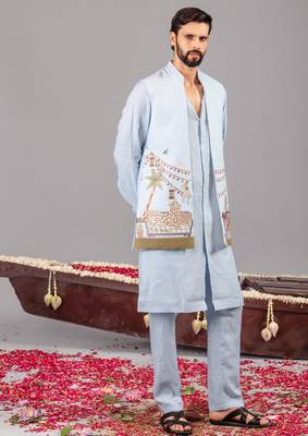 Skyblue georgette embroidered linen kurta jacket set for mens 4