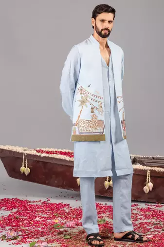 Skyblue georgette embroidered linen kurta jacket set for mens