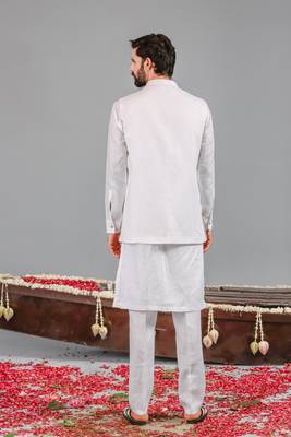 White georgette embroidered linen kurta jacket set for mens 4