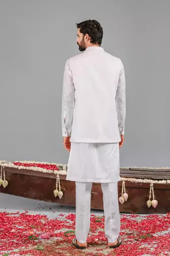 White georgette embroidered linen kurta jacket set for mens