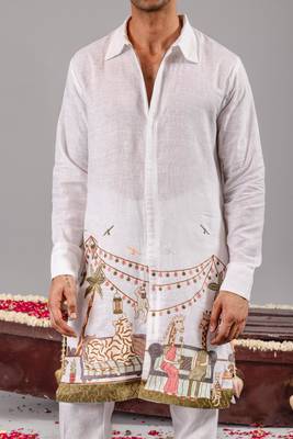 White georgette embroidered linen kurta set for mens 3