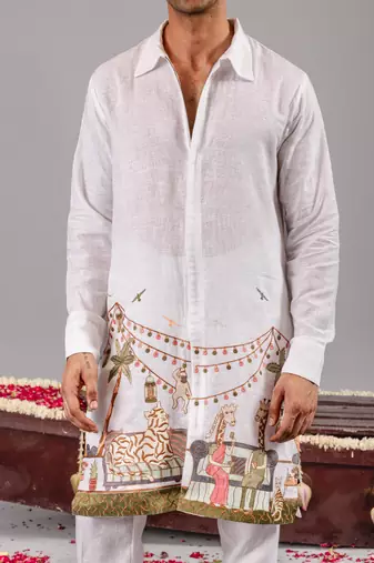 White georgette embroidered linen kurta set for mens