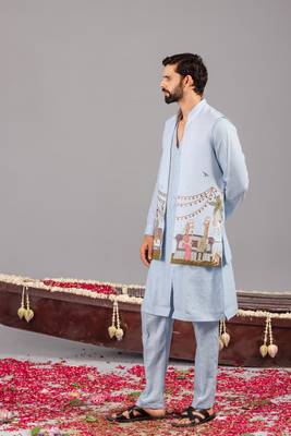 Skyblue georgette embroidered linen kurta jacket set for mens 5