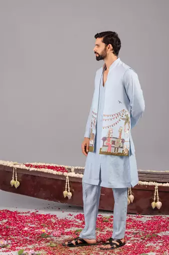 Skyblue georgette embroidered linen kurta jacket set for mens