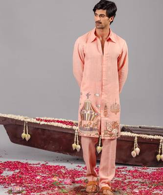Peach georgette embroidered linen kurta set for mens 1