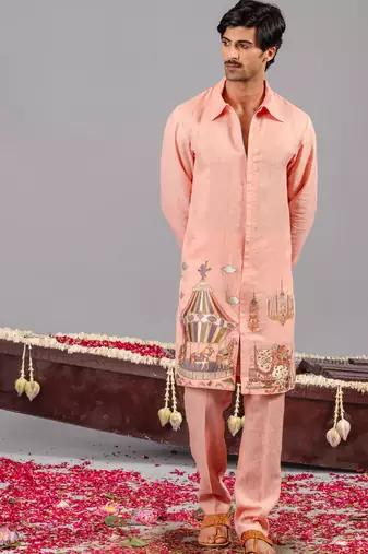 Peach georgette embroidered linen kurta set for mens