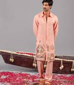 Peach georgette embroidered linen kurta set for mens