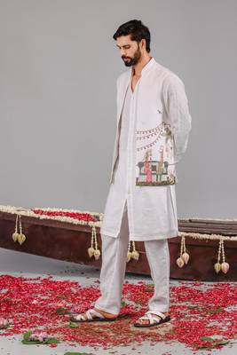 White georgette embroidered linen kurta jacket set for mens 5