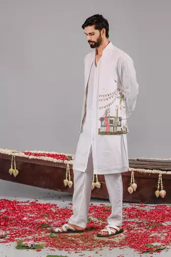 White georgette embroidered linen kurta jacket set for mens