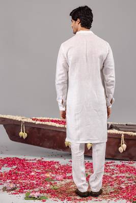 White georgette embroidered linen kurta set for mens 4