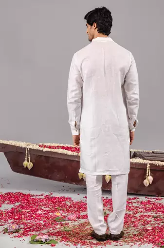 White georgette embroidered linen kurta set for mens