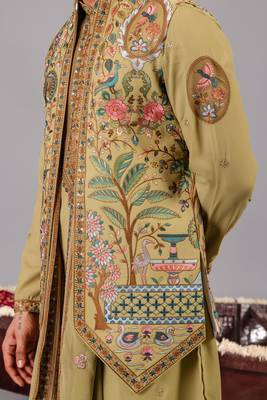 Green georgette embroidered kurta jacket set for mens 1
