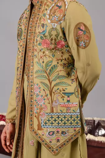 Green georgette embroidered kurta jacket set for mens