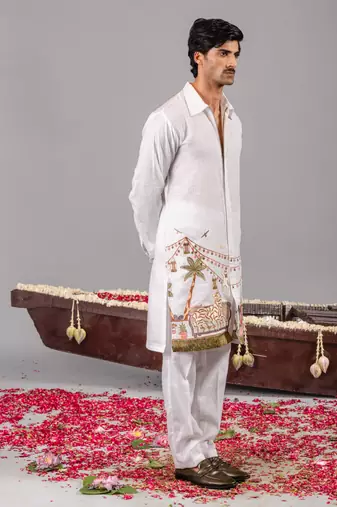 White georgette embroidered linen kurta set for mens