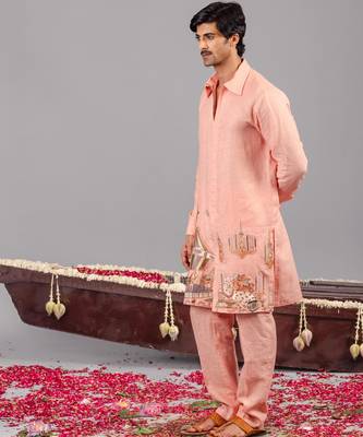 Peach georgette embroidered linen kurta set for mens 2