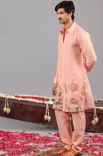 Peach georgette embroidered linen kurta set for mens