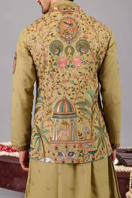 Green georgette embroidered kurta jacket set for mens 2