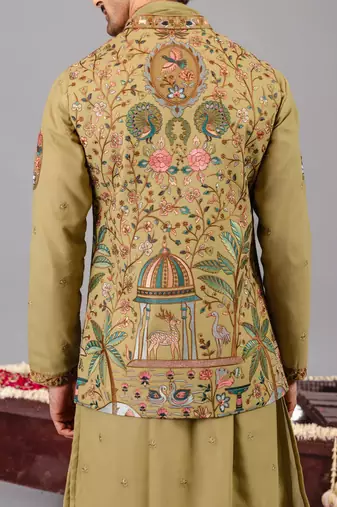 Green georgette embroidered kurta jacket set for mens