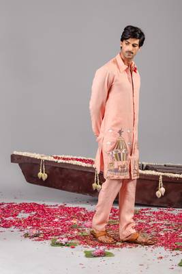 Peach georgette embroidered linen kurta set for mens 3