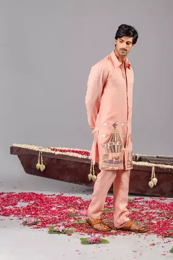 Peach georgette embroidered linen kurta set for mens