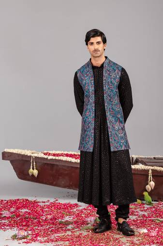 Black georgette embroidered anarkali jacket set for mens
