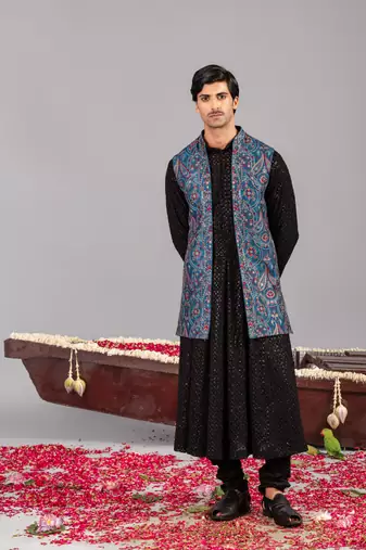 Black georgette embroidered anarkali jacket set for mens
