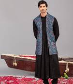 Black georgette embroidered anarkali jacket set for mens