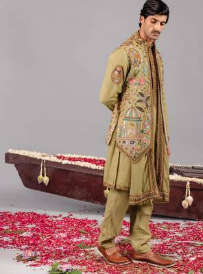 Green georgette embroidered kurta jacket set for mens 3