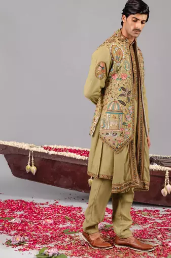 Green georgette embroidered kurta jacket set for mens