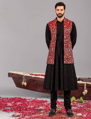 Black georgette embroidered anarkali jacket set for mens 1