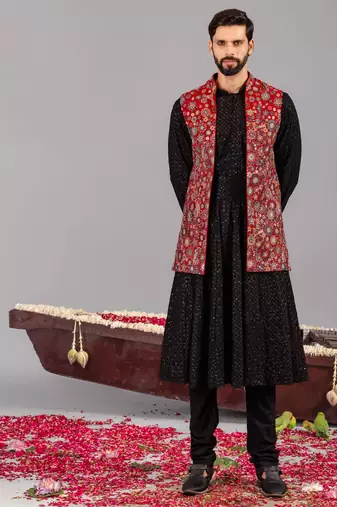 Black georgette embroidered anarkali jacket set for mens