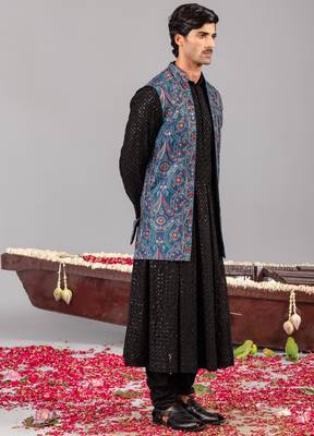 Black georgette embroidered anarkali jacket set for mens 2