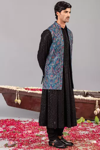Black georgette embroidered anarkali jacket set for mens