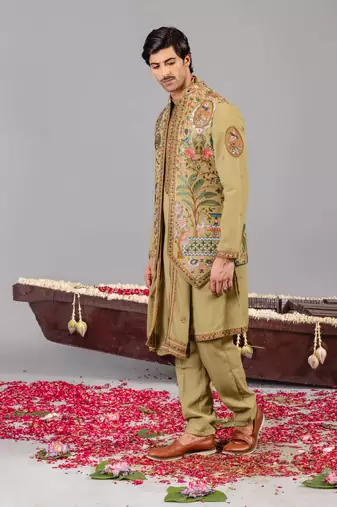 Green georgette embroidered kurta jacket set for mens