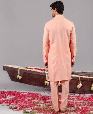 Peach georgette embroidered linen kurta set for mens 4