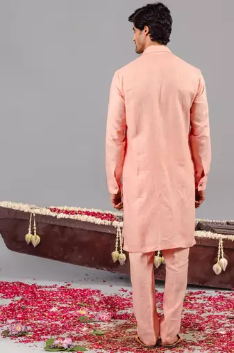 Peach georgette embroidered linen kurta set for mens