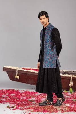 Black georgette embroidered anarkali jacket set for mens 3