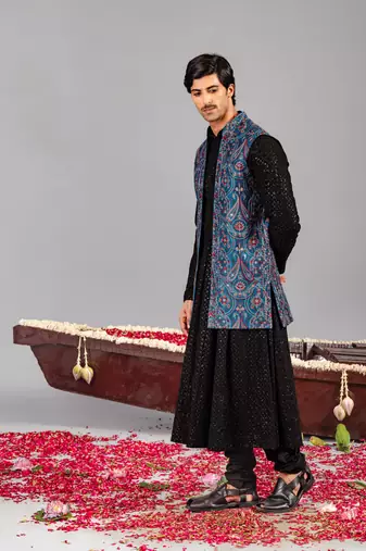 Black georgette embroidered anarkali jacket set for mens