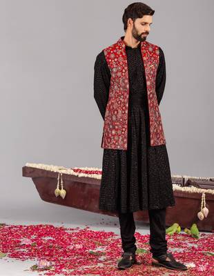 Black georgette embroidered anarkali jacket set for mens 2