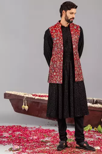 Black georgette embroidered anarkali jacket set for mens