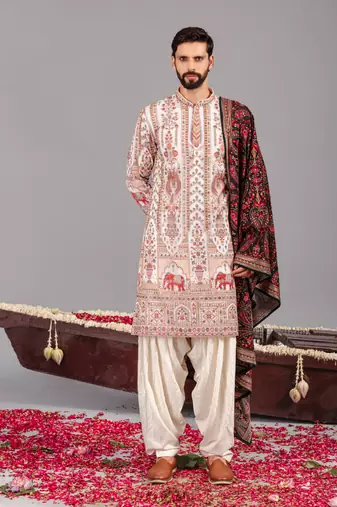 Ivory georgette embroidered kurta set for mens