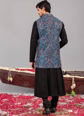 Black georgette embroidered anarkali jacket set for mens 4