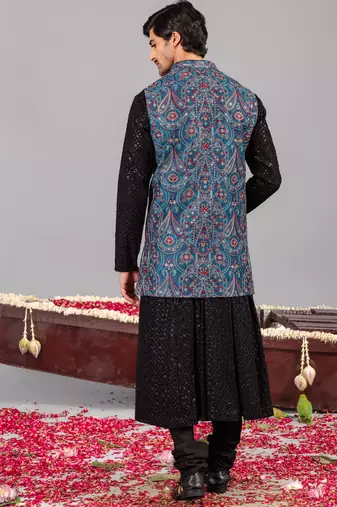 Black georgette embroidered anarkali jacket set for mens