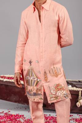 Peach georgette embroidered linen kurta set for mens 5