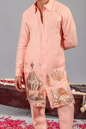 Peach georgette embroidered linen kurta set for mens
