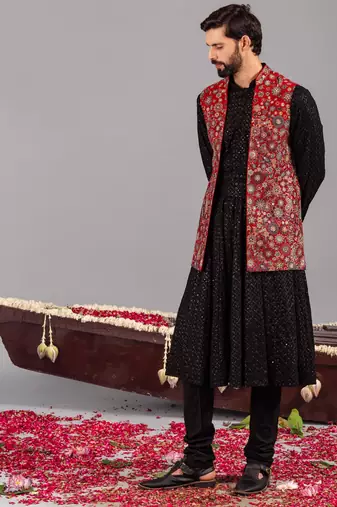 Black georgette embroidered anarkali jacket set for mens