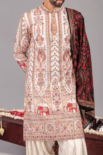 Ivory georgette embroidered kurta set for mens