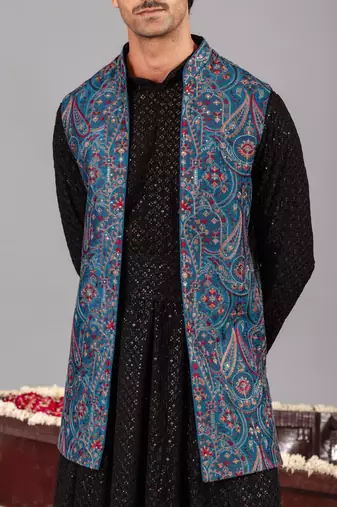 Black georgette embroidered anarkali jacket set for mens